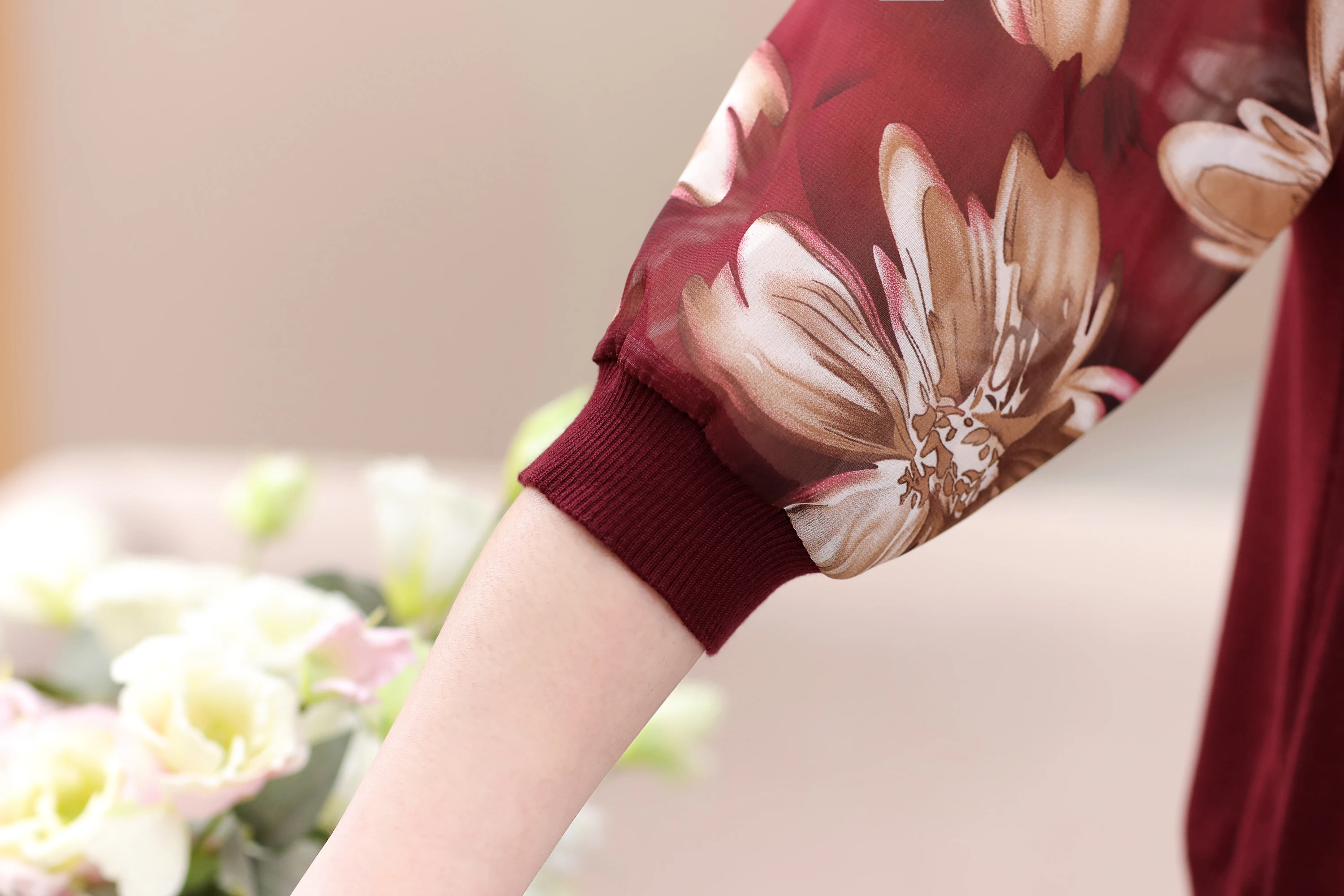 Spring Women Knit Hollow Lace Blouse Chiffon Floral Printed  Sleeve Tops Thin Blouse Shirt 5
