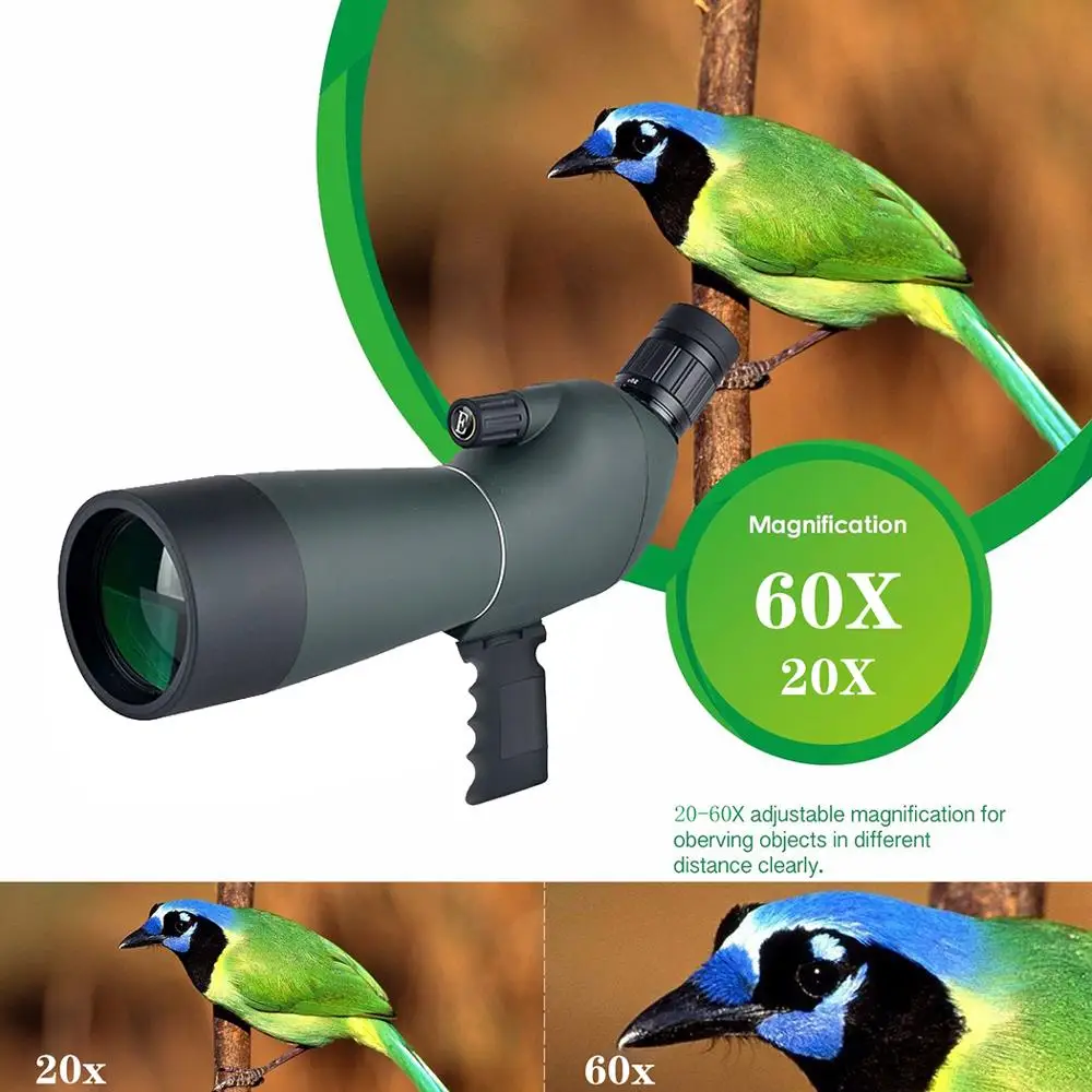 

Portable 20-60X 60mm Angled Spotting Scope Waterproof Monocular Telescope Tripod Kit 40 Degree eyepiece for Bird Watching