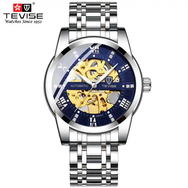 TEVISE Top Luxury Brand Mens Automatic Watches Men Stainless steel Skeleton Mechanical Wristwatch Relogio Masculino - Цвет: silver blue