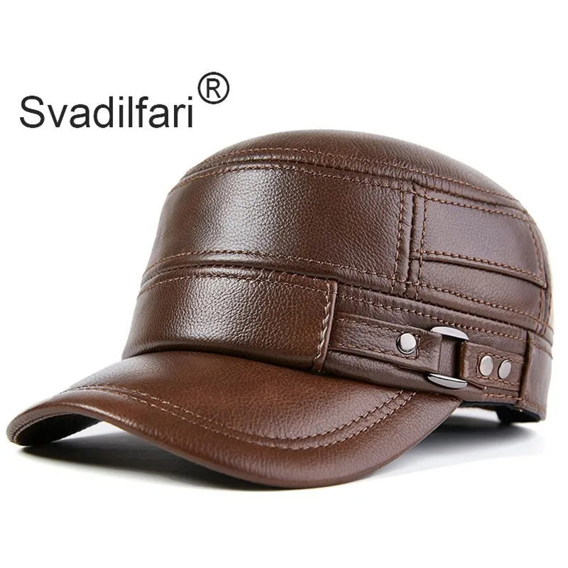 Kaufen Svadilfari Herbst Winter Erwachsene Männer Echtes Leder Warme Baseball Caps Rindsleder Flache Top Kappe Mittleren Alters Männer Marken Leder Hüte
