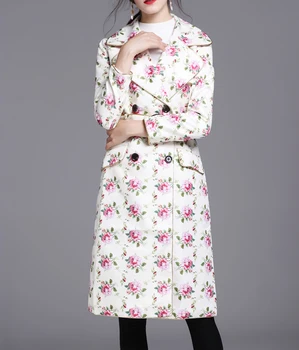 

New Flower Print Women Trenchcoat Fashion Turn-Down Collar Long Sleeve Coat With Belt