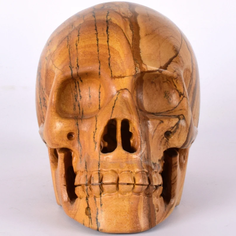 

Statue Skull 5" Natural Gemstone Picture Jasper Human Head Figurine Mineral Crystal Handmade Craft Feng Shui Healing Decor Art