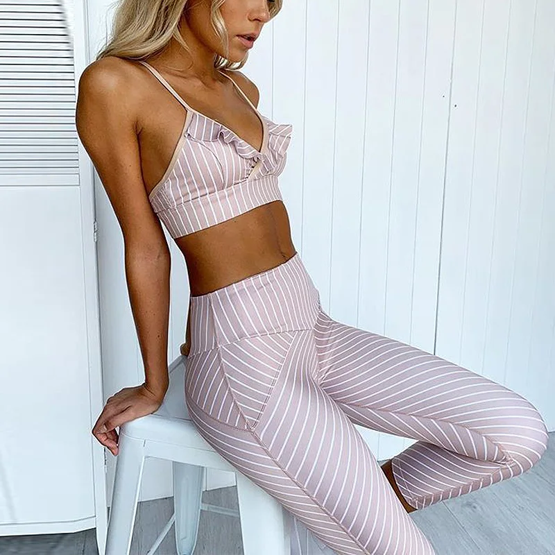 Striped Printed Women Sport Suit Sexy Yoga Set Padded Sports Bra High Waist Yoga Leggings Fitness Gym Clothing Running Wear 2019