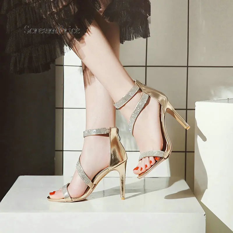 

Summer Sexy Thin High Heel With Back Zipper Sandals Fashion Open Toe Crystal Dress Women Shoes Black White Gold