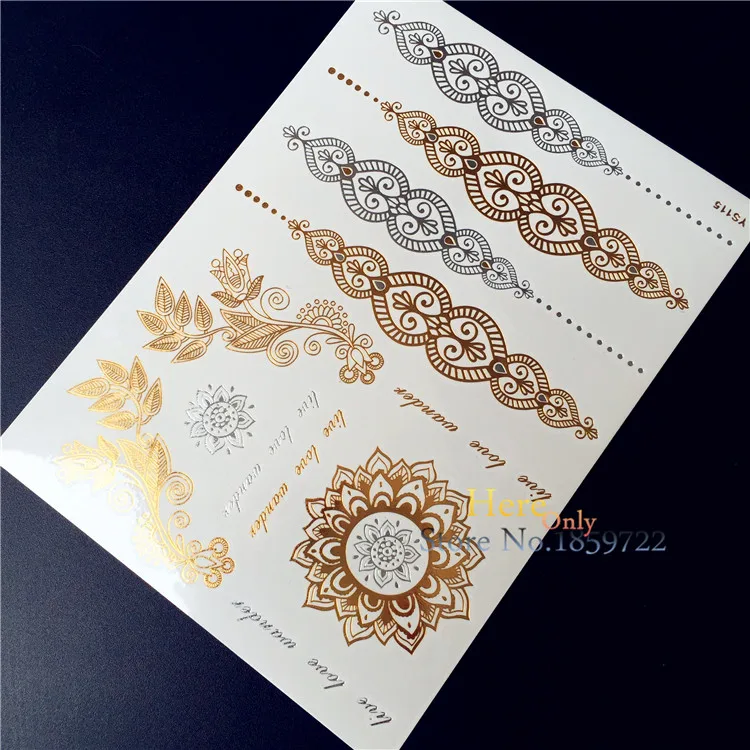 1PC Poplar Flash Metallic Temporary Tattoo Sticker Gold Silver Henna Indian Chain font b Sun b