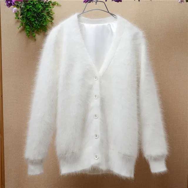 Elegant Fashion Fluffy angora rabbit fur cardigan ladies Women warm