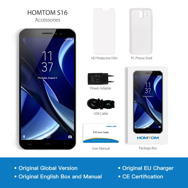 Global Version HOMTOM S16 Smartphone 5.5inch Cellular Cell Phone Quad Core 2GB RAM 16GB ROM Dual Camera Fingerprint Mobile Phone