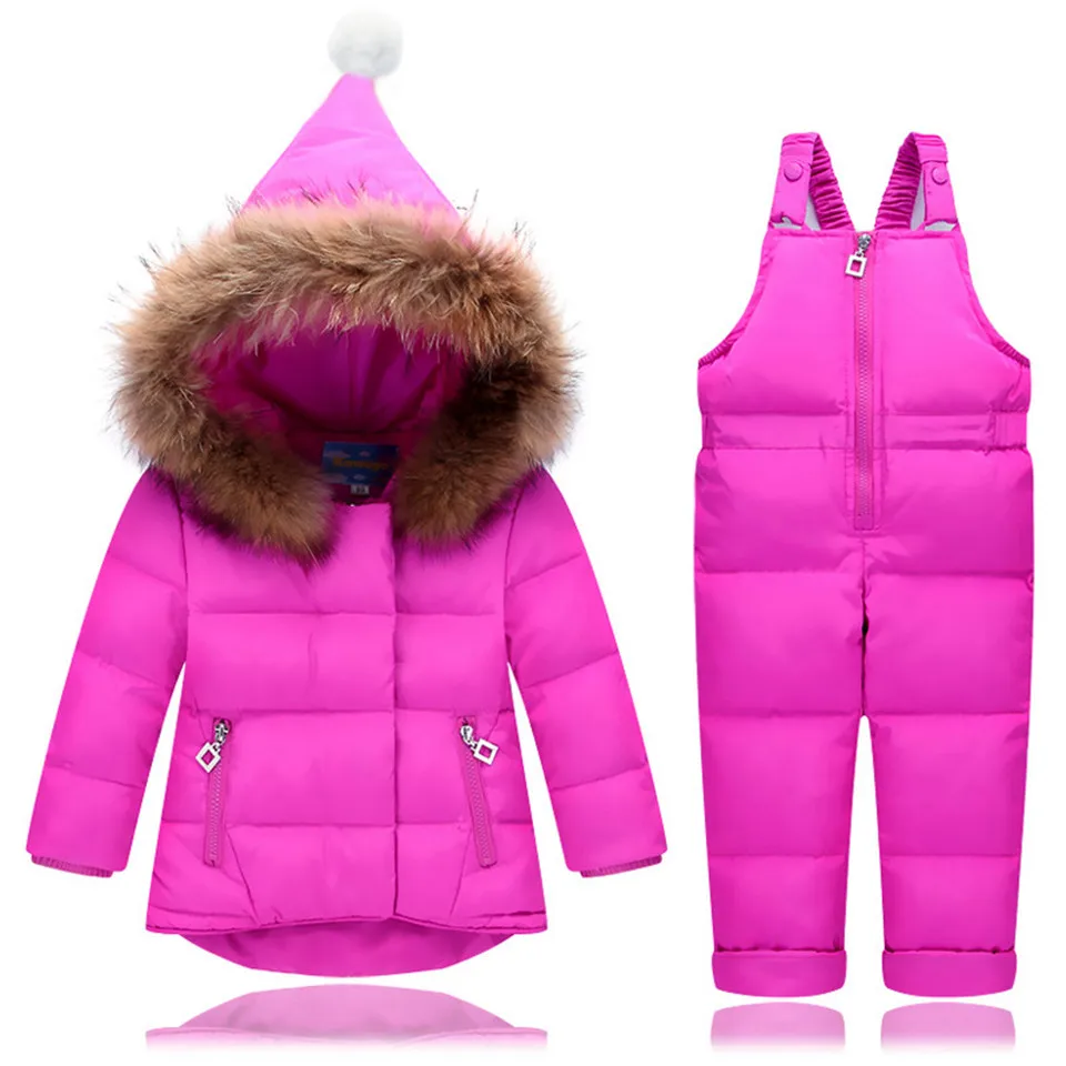 Комплекты детской одежды для русской зимы зимние куртки штаны, комплект из 2 предметов, пуховое пальто для маленьких девочек, Куртка Верхняя одежда с меховым капюшоном, детский зимний комбинезон - Цвет: rose red