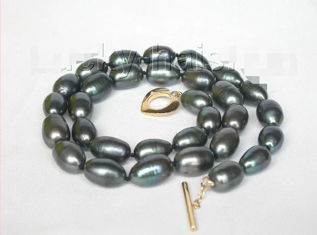 

Hot sale A>Genuine 17.5" 14mm rice black freshwater pearls necklace filled gold clasp j8655 a