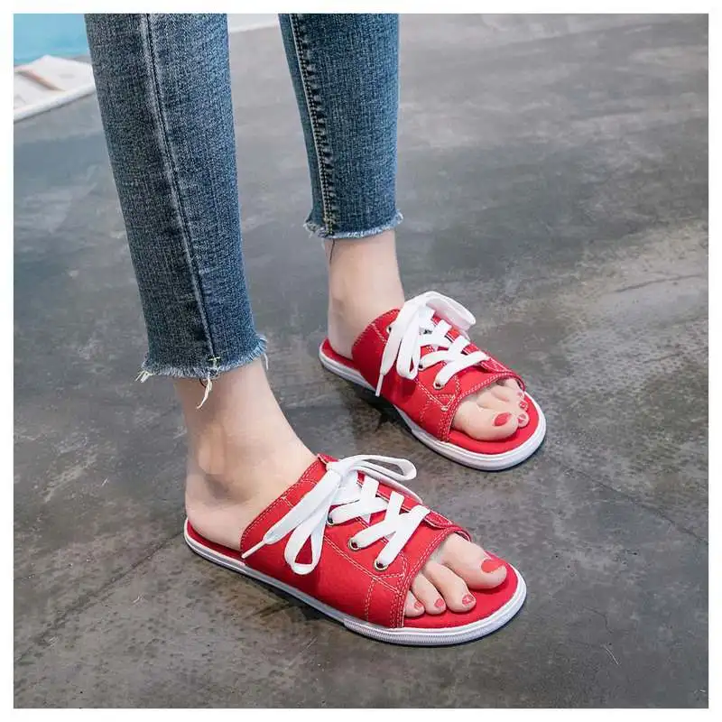Брендовые тапочки; женские джинсовые тапочки; летние шлепанцы на плоской подошве со шнуровкой; нескользящие повседневные Вьетнамки; пляжная обувь на плоской подошве; Sh - Цвет: Красный