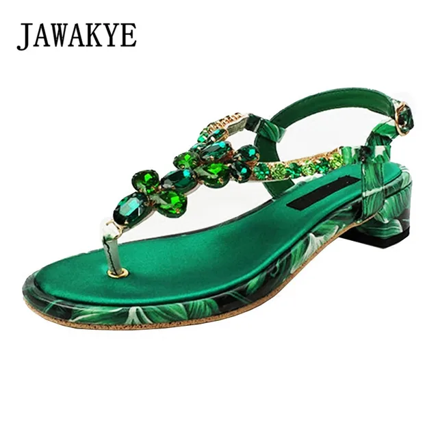 T Rhinestone Sandals new Green Women Flower summer Crystal Bohemia hQdxCtsr