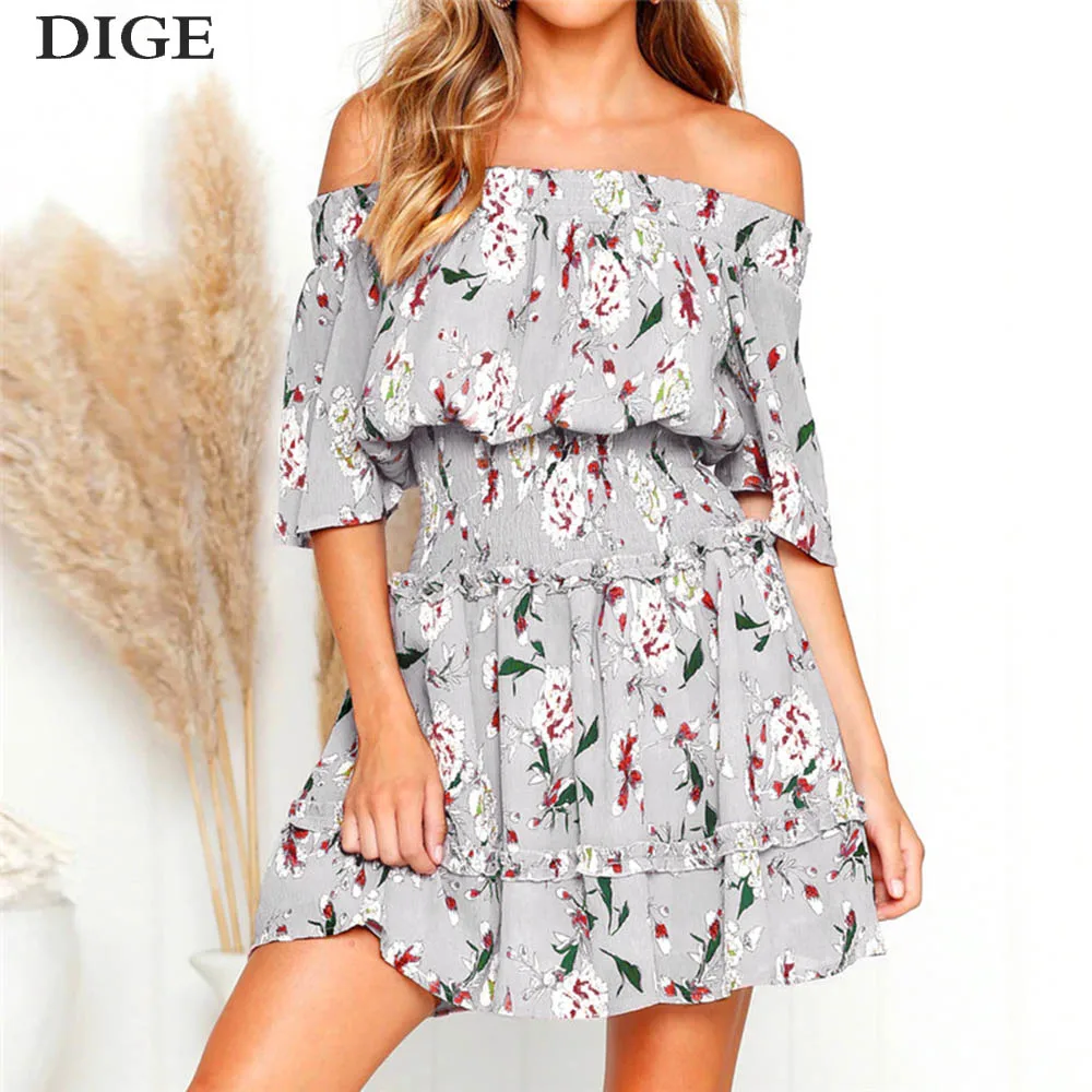 

2019 New Fashion Dress Women Boho Style Floral Print Chiffon Sexy Off Shoulder Elegant Mini Party Dress Sundress Vestidos B0414
