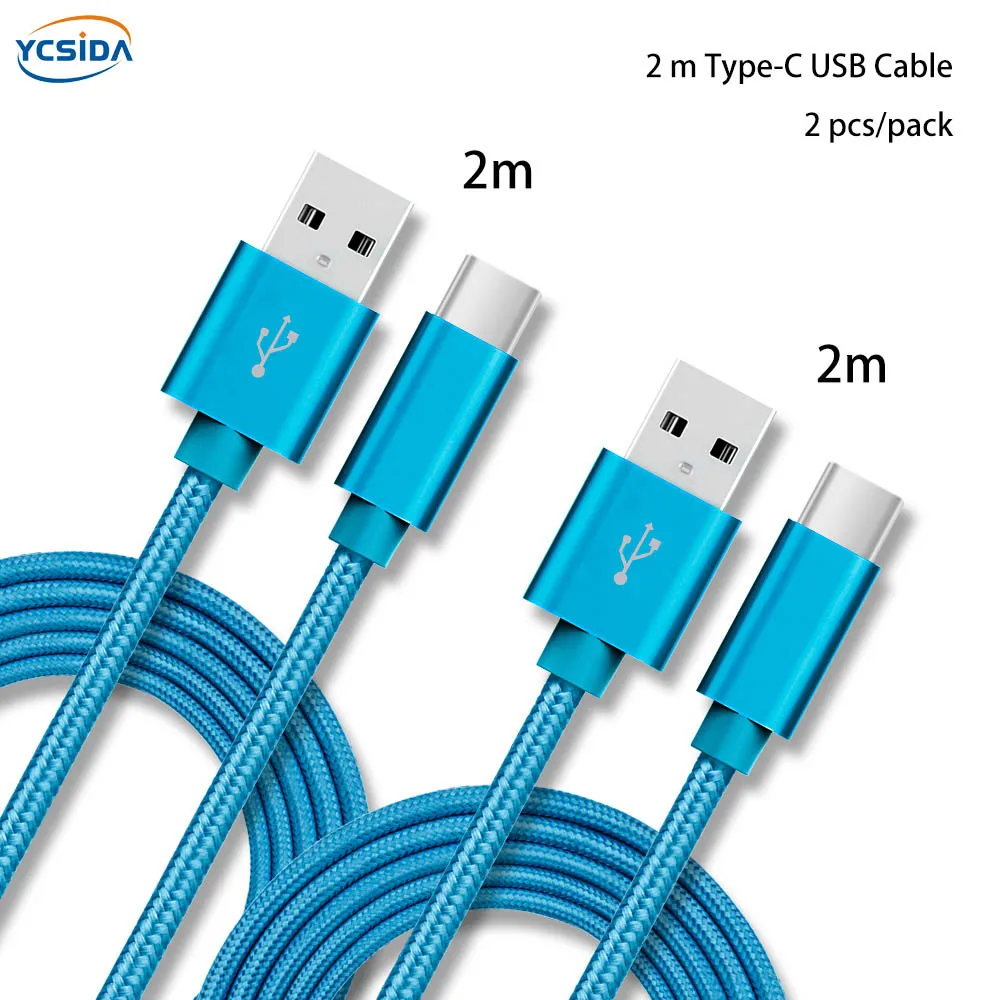 Розовый 2 м 2 шт./упак. 2.4A Тип C USB-C для передачи данных в нейлоновой Зарядное устройство кабель для samsung S10/LG G6/huawei P30/xiao Mi 8/OPPO R17/vivo NEX кабель - Тип штекера: Blue 2m 2pcs