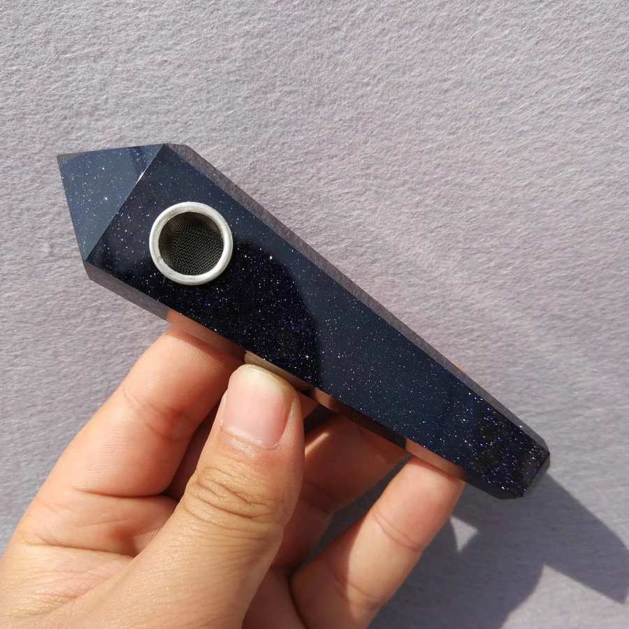

Wholesale golden blue sandstone crystal quartz stone smoking pipes with carb