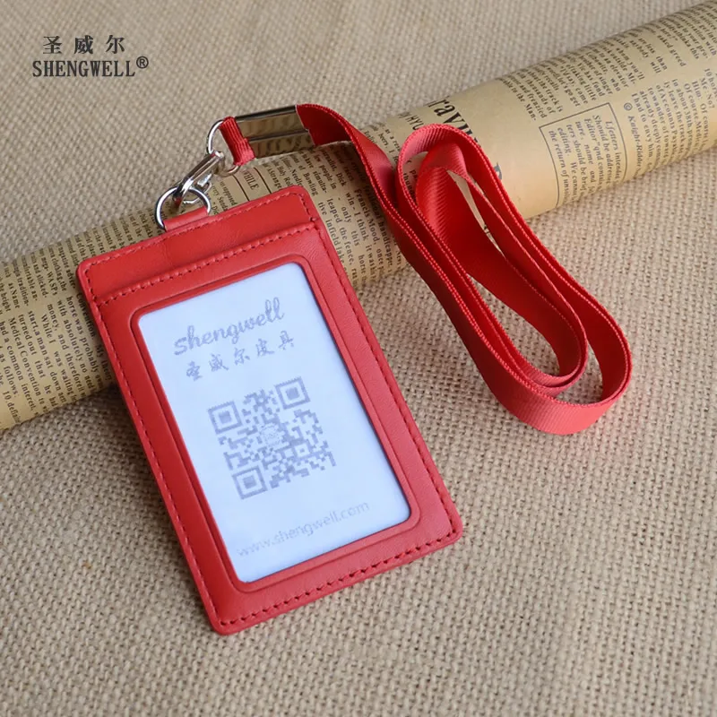 Genuine Leather Credit Card Holder Wallet ID Badge Case with Neck Strap