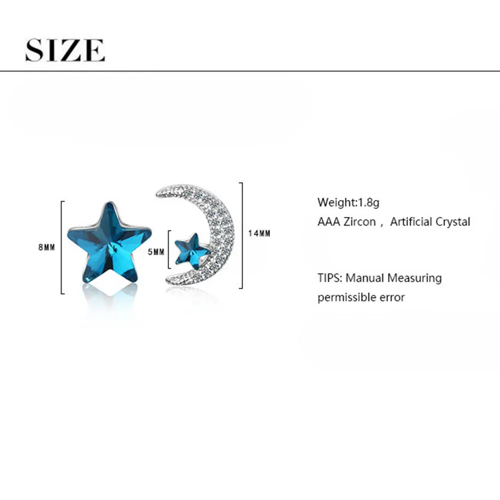 Anenjery, милые асимметричные серьги с голубыми звездами и луной, 925 пробы, серебряные серьги с цирконием и кристаллами для женщин, S-E134