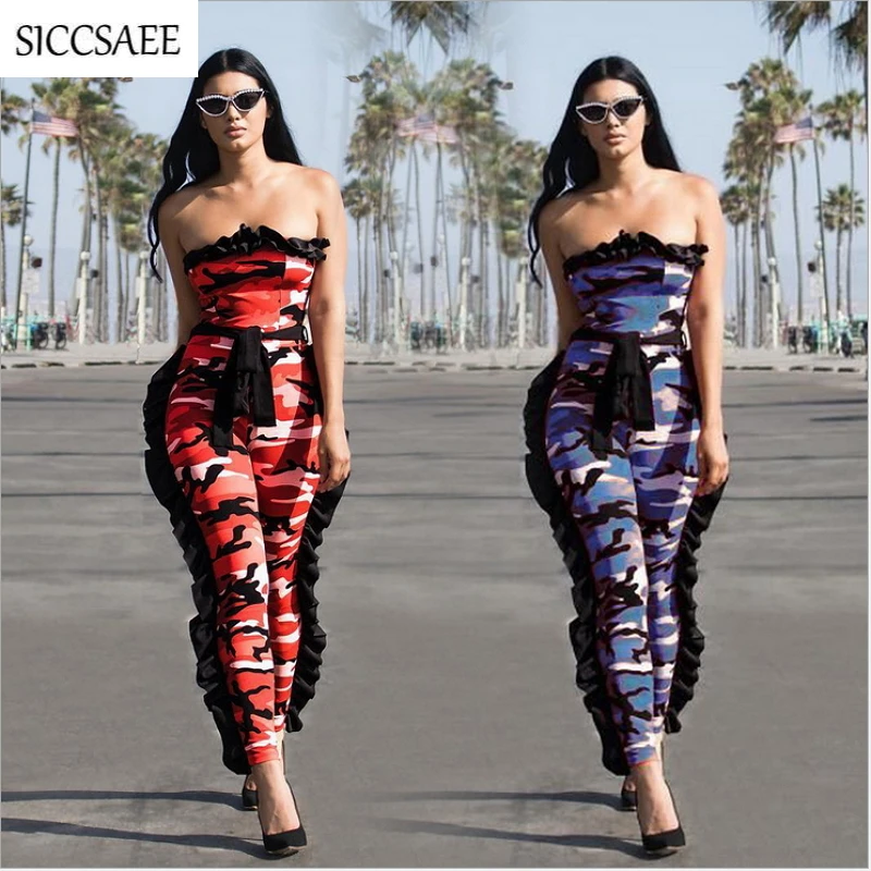 

Tube Jumpsuits For Women 2018 Camouflage Print Strapless Rompers Stringy Selvedge Ruffles Off Shoulder Ruffles Mono Mujer Sexy