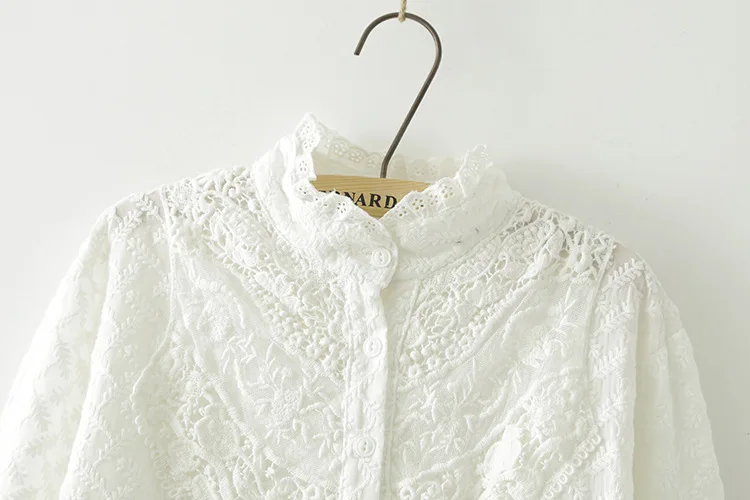 Stand-Collar Long-sleeved Flower Embroidery Lace White Shirt New Fall Mori Girl Cotton Women Long Loose Blouse Tops T77911 Blouses