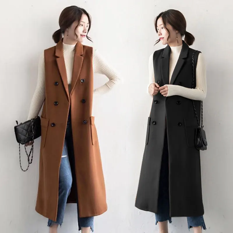 Plus Size 3XL Autumn Women Long Vest Jacket Double-Breasted Fashion Waistcoat Women Chalecos Elegant Wool Vest Coat Women C4942