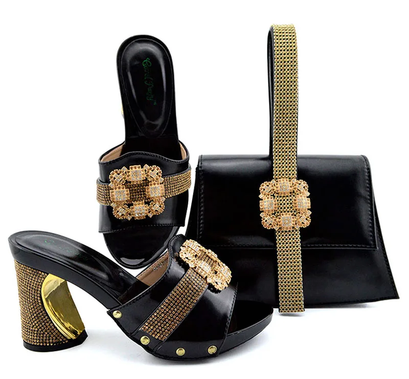 

Free shipping italian shoes and bag in black color fashion african aso ebi party slippers shoes and clutches bag set SB8362-6