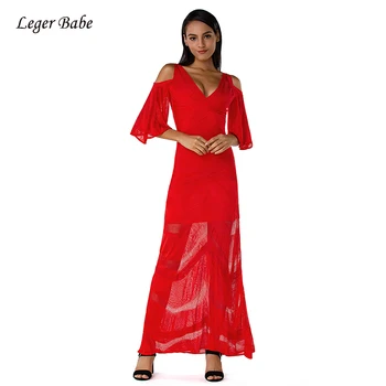 

Black Red Flare Sleeve V Neck Bandage Dress Maxi Sexy Cold Shoulder Mesh Vestidos Celebrity Evening Party Long Dresses Bodycon
