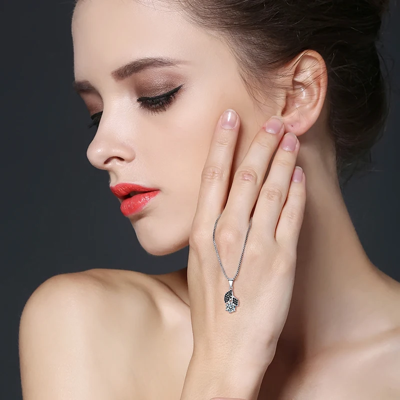 [BLACK AWN] Classic Silver Color Jewelry Flower Black Spinel Women's Necklaces Pendants P145