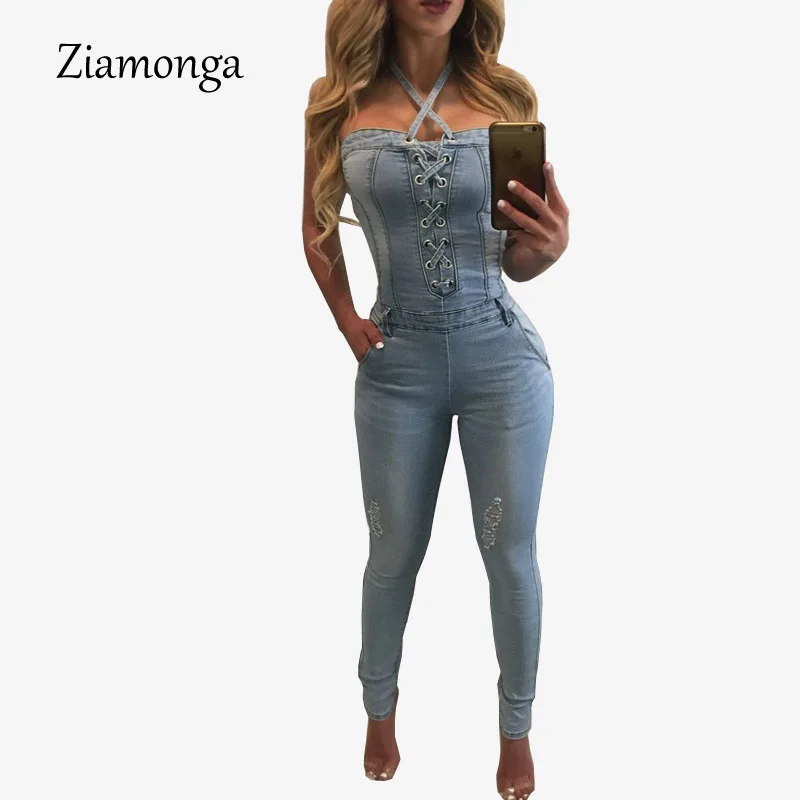 Ziamonga Women Fashion Blue Denim Jumpsuit Off Shoulder