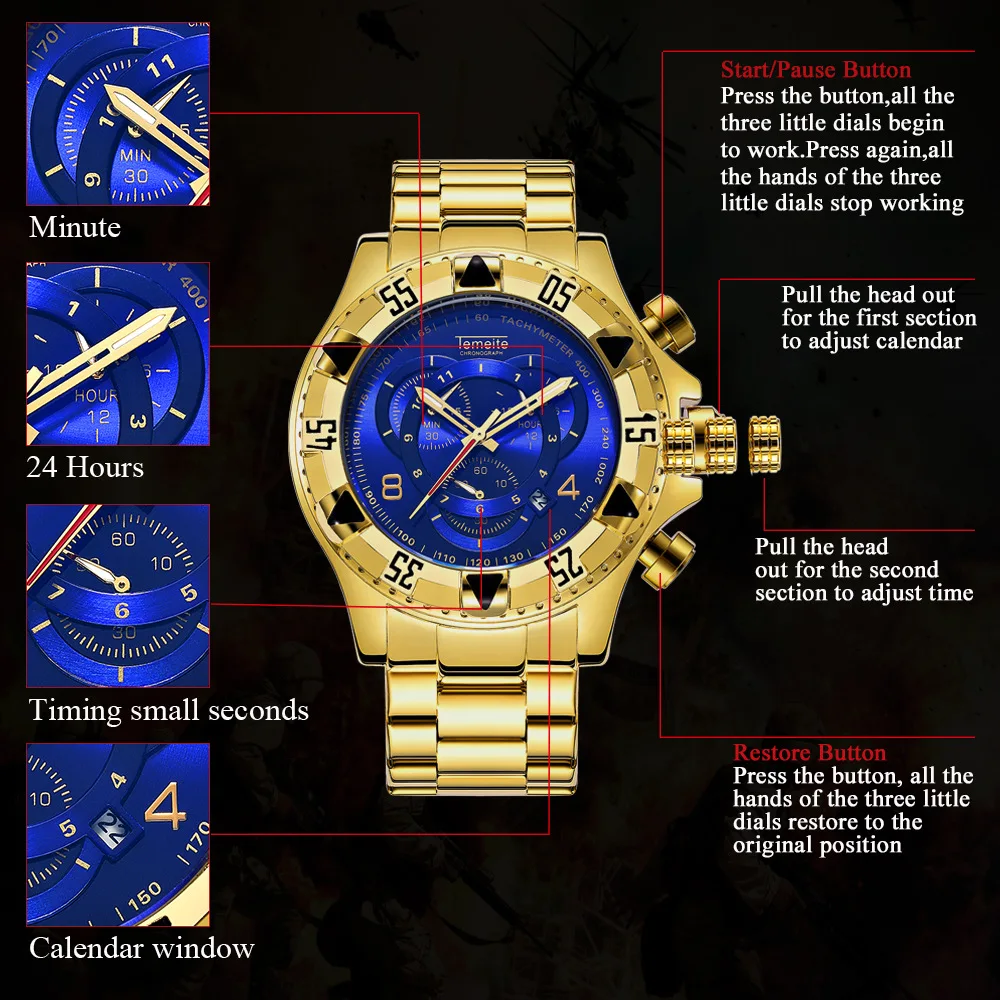 Дропшиппинг Temeite для мужчин часы хронограф Золото Бизнес повседневные часы для мужчин водонепроницаемый спортивный костюм в стиле