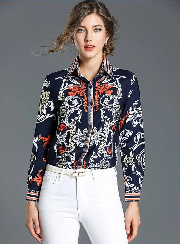

Women Blouses Shirts Fashion Elegant Buttons Runway Design Luxury Brand Floral Print Long Sleeve Ladies Tops Office Work Wear