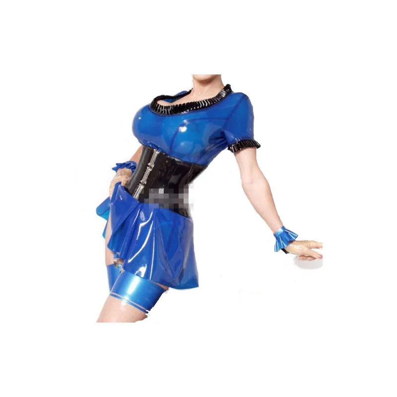 

Pure Natural Latex Rubber Women Sexy Maid Lace Skirt Navy Blue Size XXS-XXL