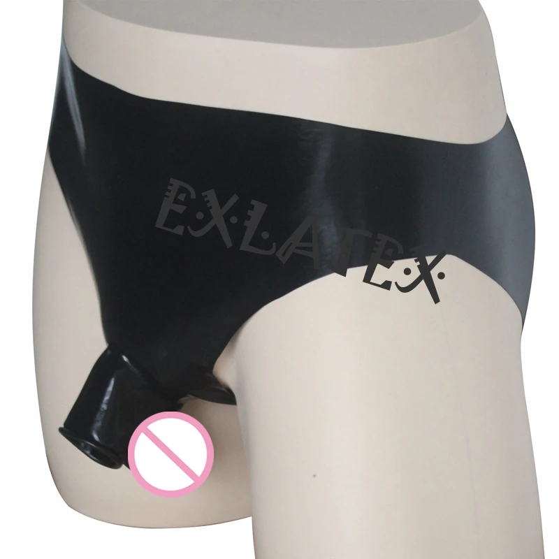 Latex Panties Men Sexy Lingerie Panties Latex Rubber Shorts with Ball and Half Penis Sheath Ring Open Erotic Underwear
