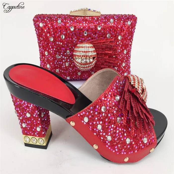 

Charming wedding/party set lady sandal shoes with handbag set 227-6 in red, heel height 9cm