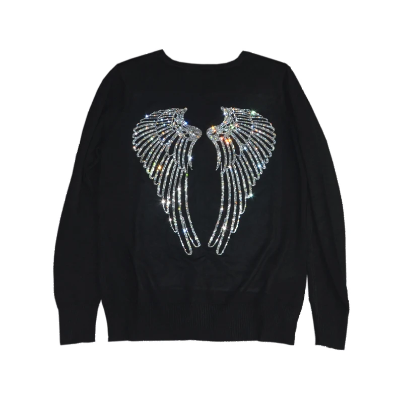 Sweater Knit Cardigan Back Wings Diamonds Cotton Jacket Hot Drilling V-neck Bright Drill Coat Single-breasted Outwear Tops |