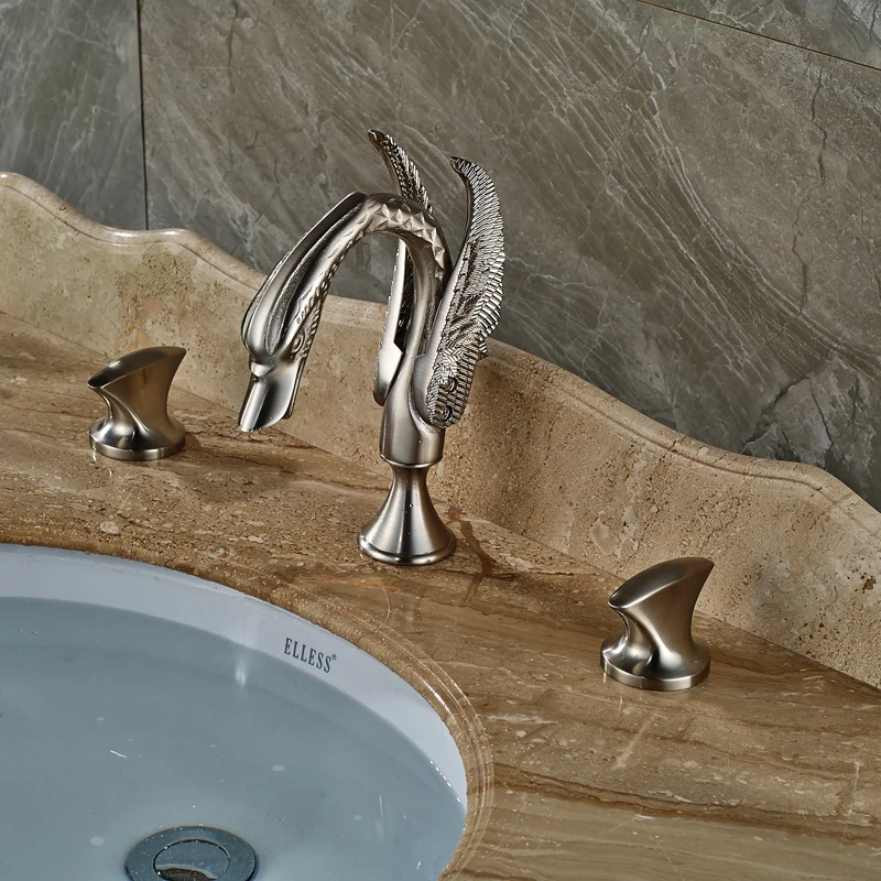 Luxury Swan Washbasin Faucet Widespread Deck Mounted Bathroom Sink Mixer Taps Dual Handle Brushed Nickel Finished