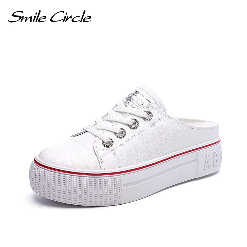 

Smile circle 2019 Spring summer white flats platform Shoes women fashion Genuine Leather casual shoes Simple Lazy ladies shoes