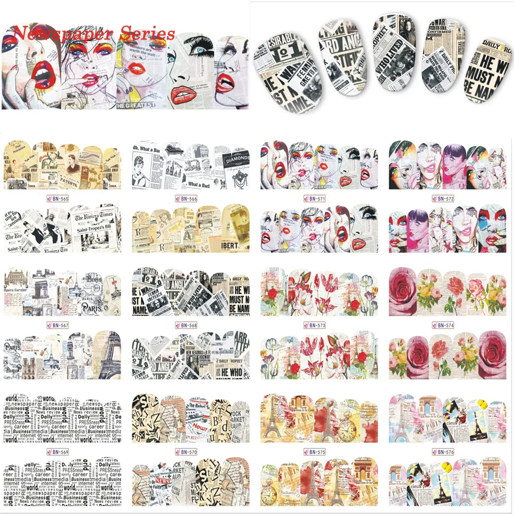

12 Designs IN One Retro Newspaper Series Decals Nail Sticker Full Wraps Lady News Image Decorations for Nail Tools TRBN565-576
