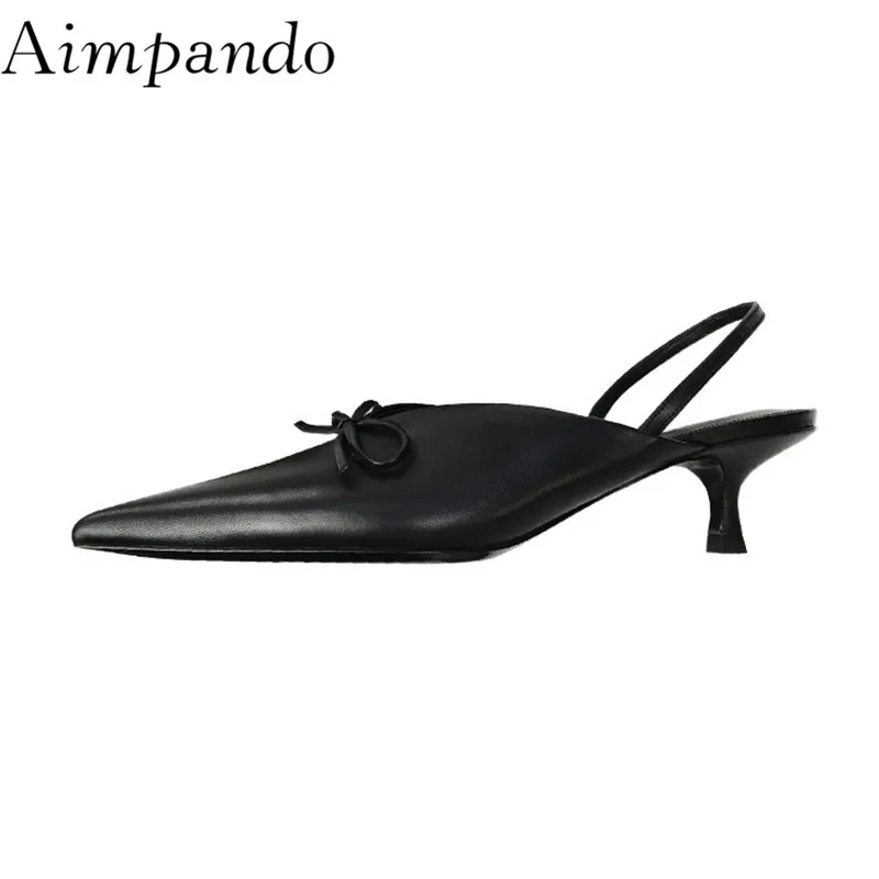 

Sexy 2019 Kitten Heel Real Leather Sandals Women Back Strap Pointed Toe Little Butterfly-knot V-cut Out Gladiator Sandalias