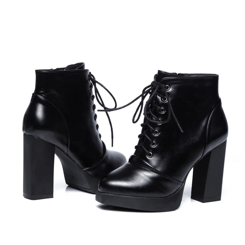 Классические женские ботинки; зимние ботинки на платформе и высоком каблуке; высококачественные черные кожаные ботильоны на шнуровке; botas femininas Inverno