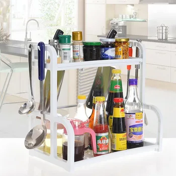 

Spice Rack With Hanger Multi-function Plastic holder for knives Two Layer Seasoning Shelf Kitchen organizer