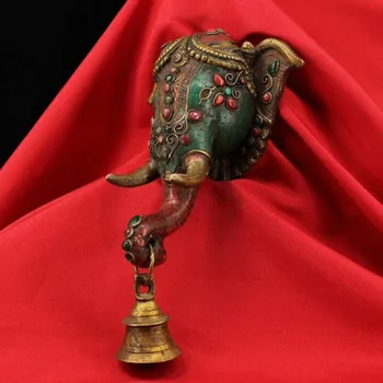 

wedding decoration Old Tibet Buddhism fane Bronze Inlay Gem Elephant Head Bell Statue Wall Hanging