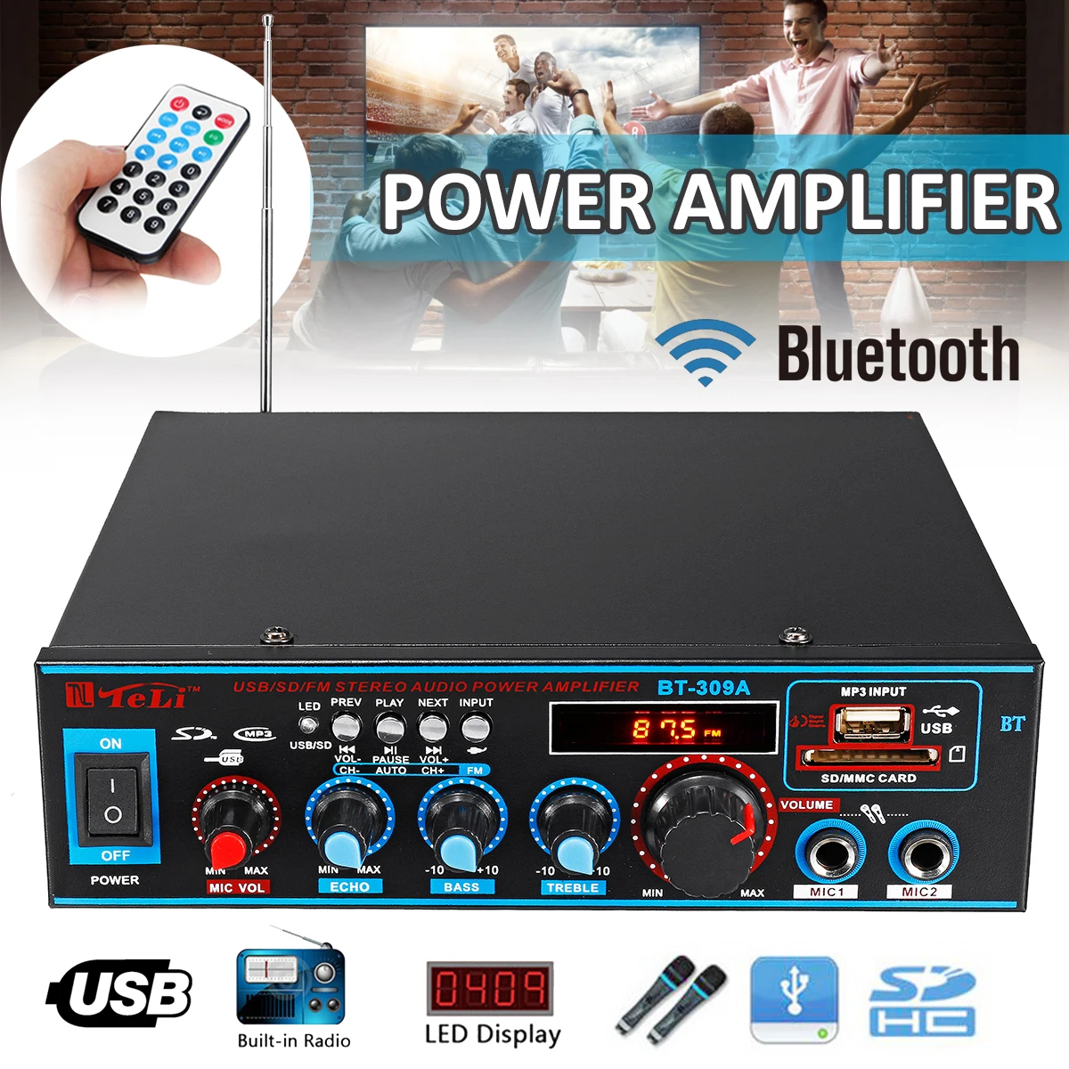 HIFI 2CH 800W Audio Power Amplifier 12/220V Home Theater Amplifiers Audio with Remote Control Support FM USB SD Card Bluetooth HIFI 2CH 800W Audio Power Amplifier 12/220V Home Theater Amplifiers Audio with Remote Control Support FM USB SD Card Bluetooth