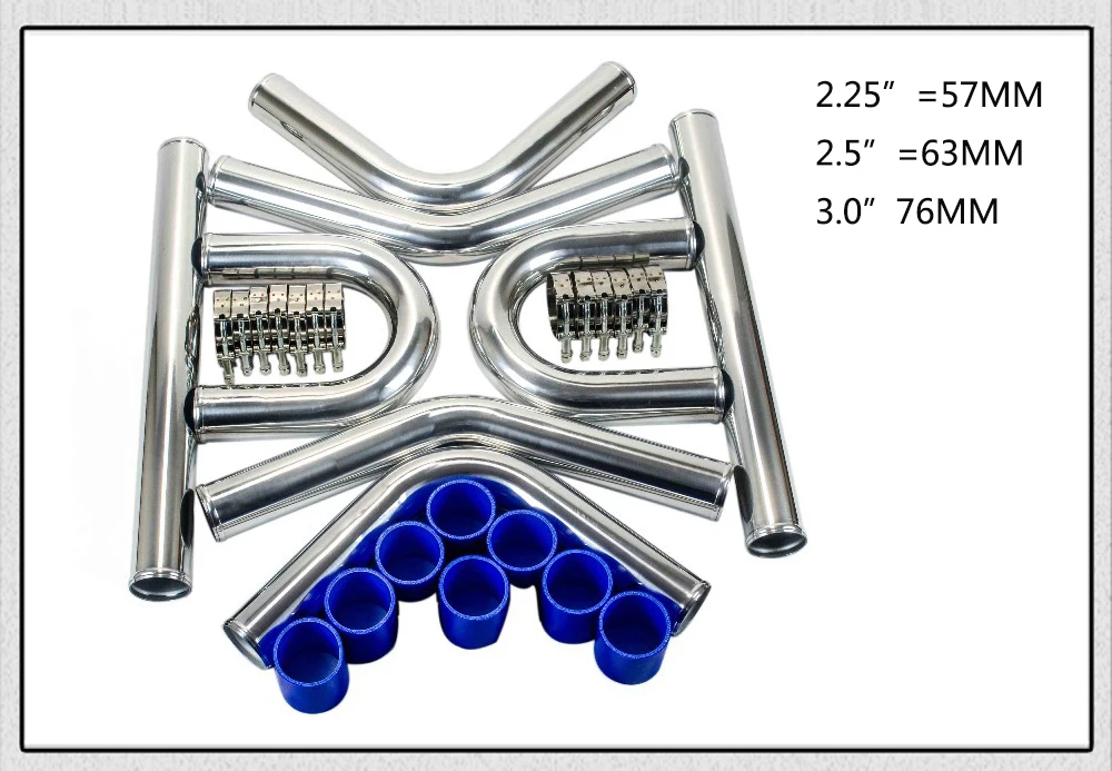 2,2" 57 мм/2,5" 63 мм/3," 76 мм турбо интеркулер труба длина 600 мм хромированный алюминиевый трубопровод, труба+ Т-хомуты+ силиконовые шланги