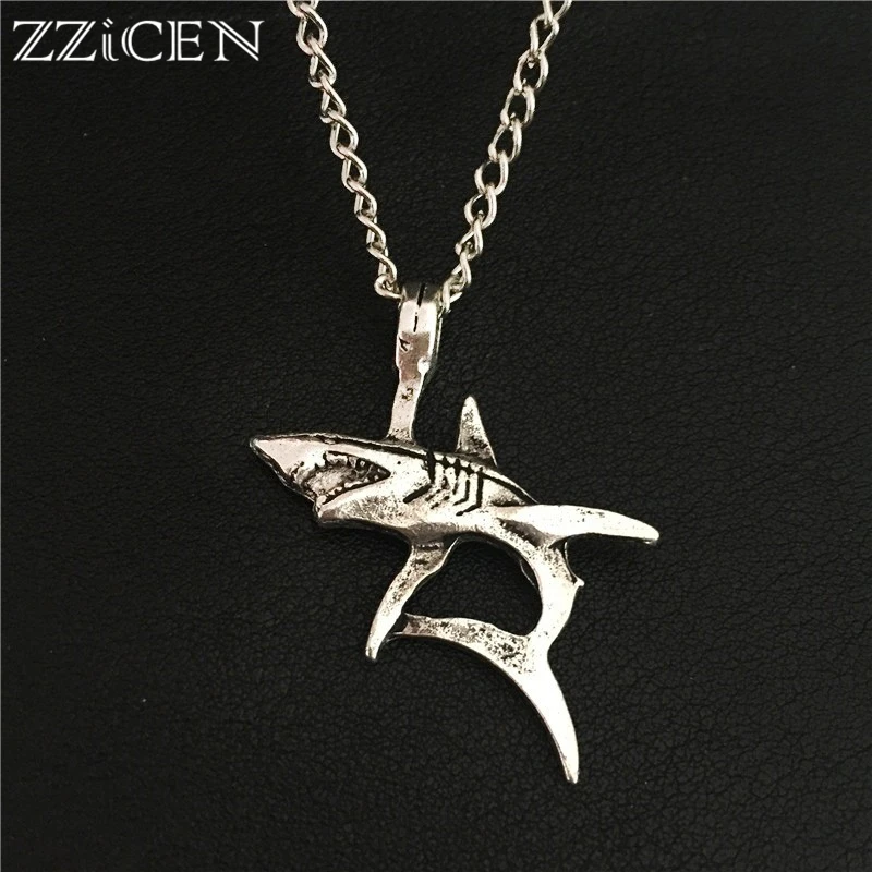 

New Stylish Punk Sea Ocean Animal Jewelry Gift for Women Men Antique Silver Jaws Big White Shark Pendant 60CM 24" Chain Necklace