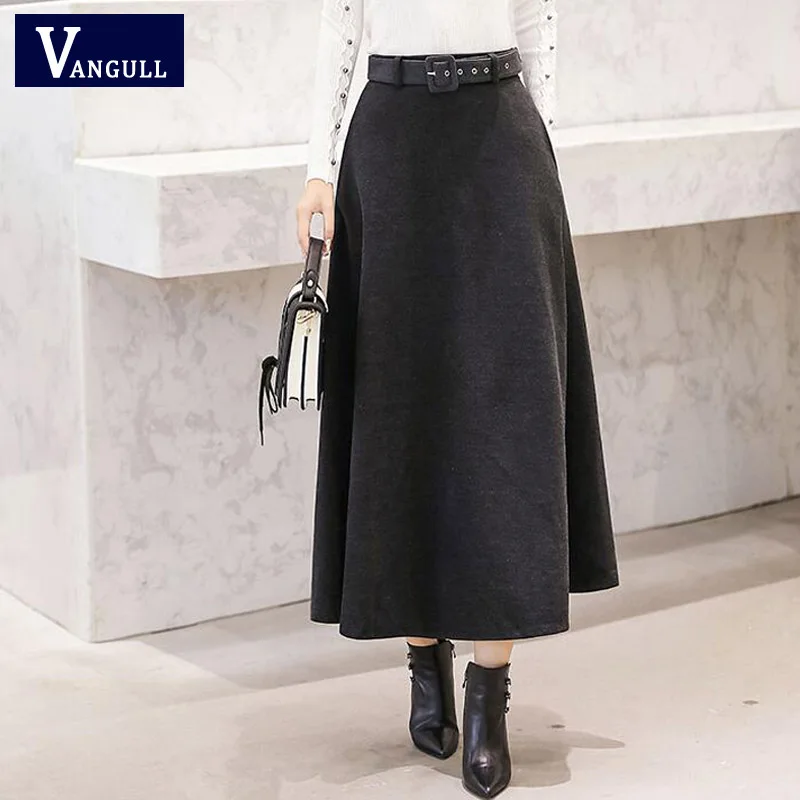 Vangull/зимние женские шерстяные юбки с ремнем, новая модная винтажная шерстяная юбка, женская уличная повседневная юбка - Цвет: Серый