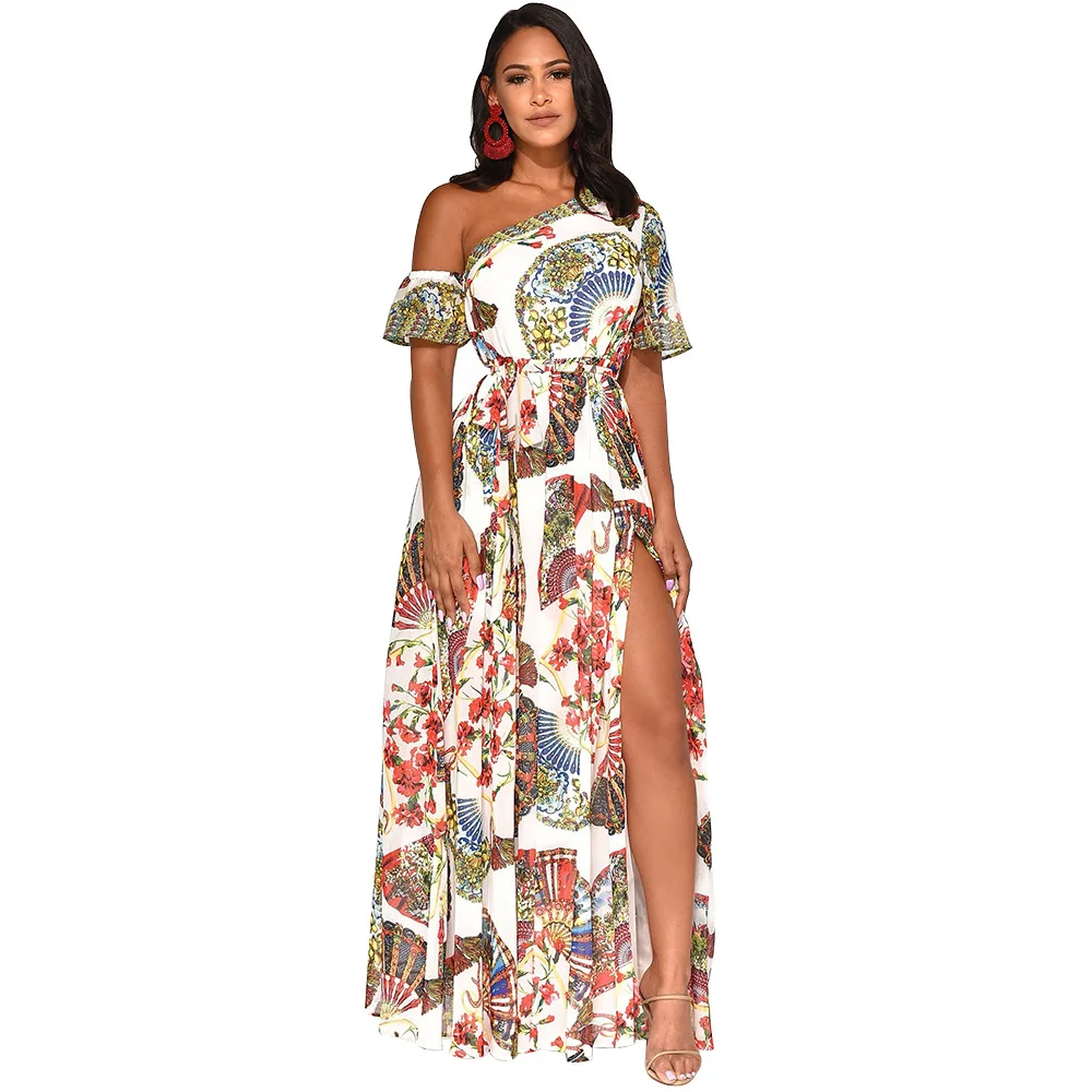 

Vintage Traditional Nationality Print Long Dress Women Casual Skew Neck Maxi Dress Women Sexy High Slit Summer Dress Vestidos