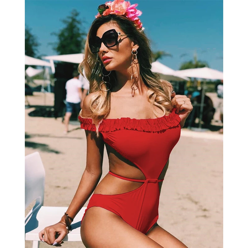 

Off Shoulder Women One Piece Swimsuit Ruffle Swimwear Cut Out Solid Maillot De Bain Femme Bathing Suit Flounce Beach Wear