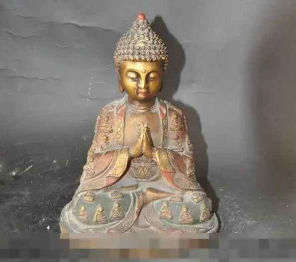 

S3564 9" china buddhism temple bronze Painted lotus sakyamuni Tathagata buddha statue