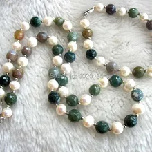 Пресноводный жемчуг белый круглый и зеленый индийский агат Круглый ожерелье из ограненных камней браслет 1" FPPJ