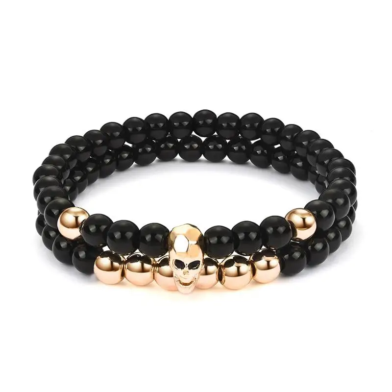 Gold OBSEDE, панк, улыбка, Череп, браслеты для мужчин, ювелирное изделие, натуральный камень, бусины, браслет, мужские, ручная работа, аксессуары, готический стиль, Викинг, бижутерия, 2 шт - Окраска металла: Gold