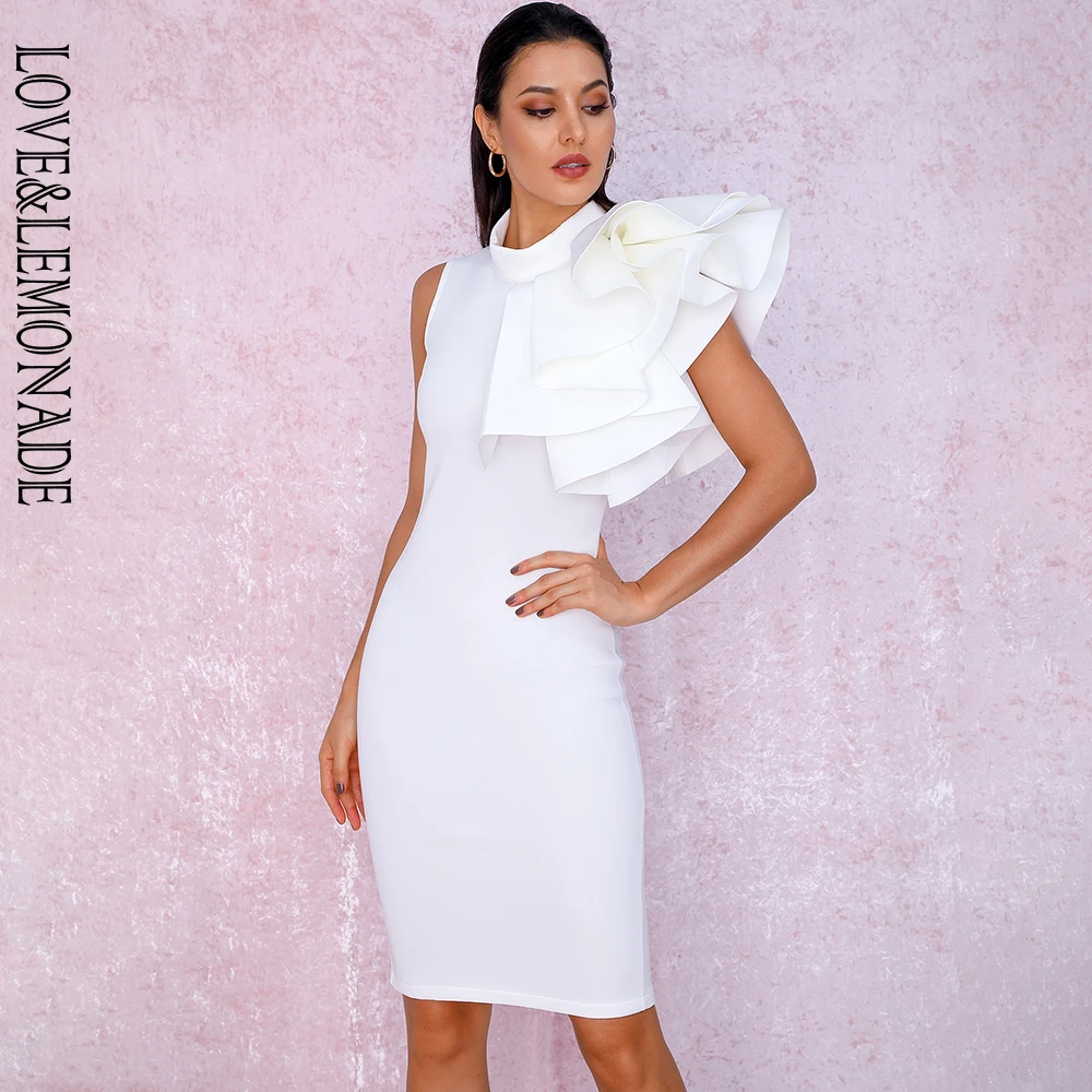 

LOVE&LEMONADE Sexy White Stand Collar Sleeveless Large Ruffled Trim Bodycon Party Dress LM90002